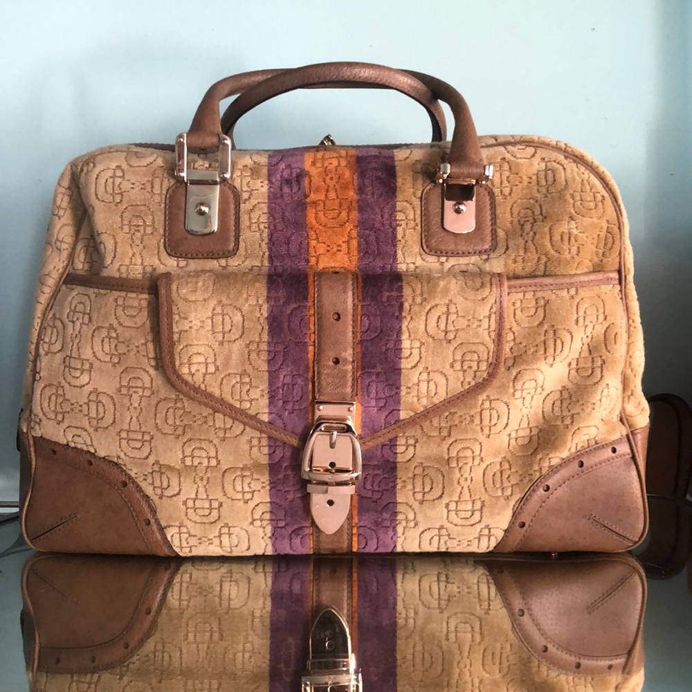 Gucci Velour Travel Tote camel, purple and orange stripes. Excellent Condition.